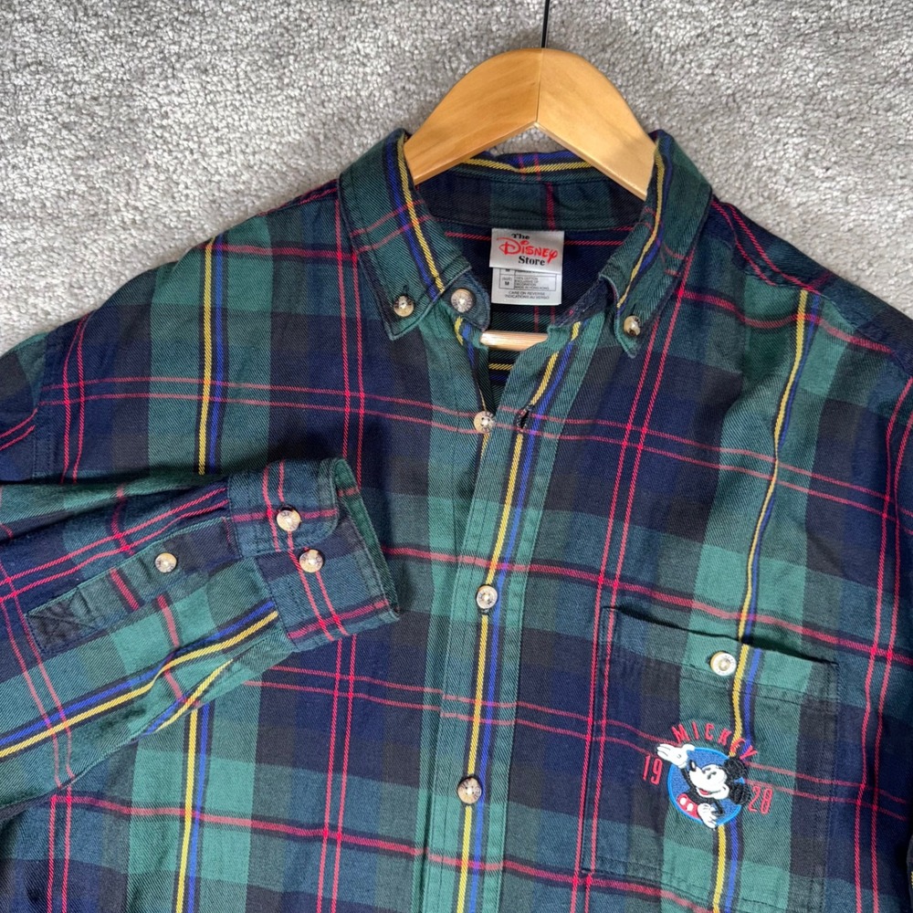 Vintage Disney Store Mickey Mouse Men's M Plaid Flannel Button Down Shirt Green